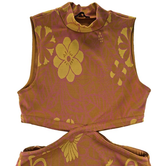 Zara Dress Womens S Orange Pink Floral 70s Boho Cutout Waist Mini Retro Vibes - Picture 3 of 15